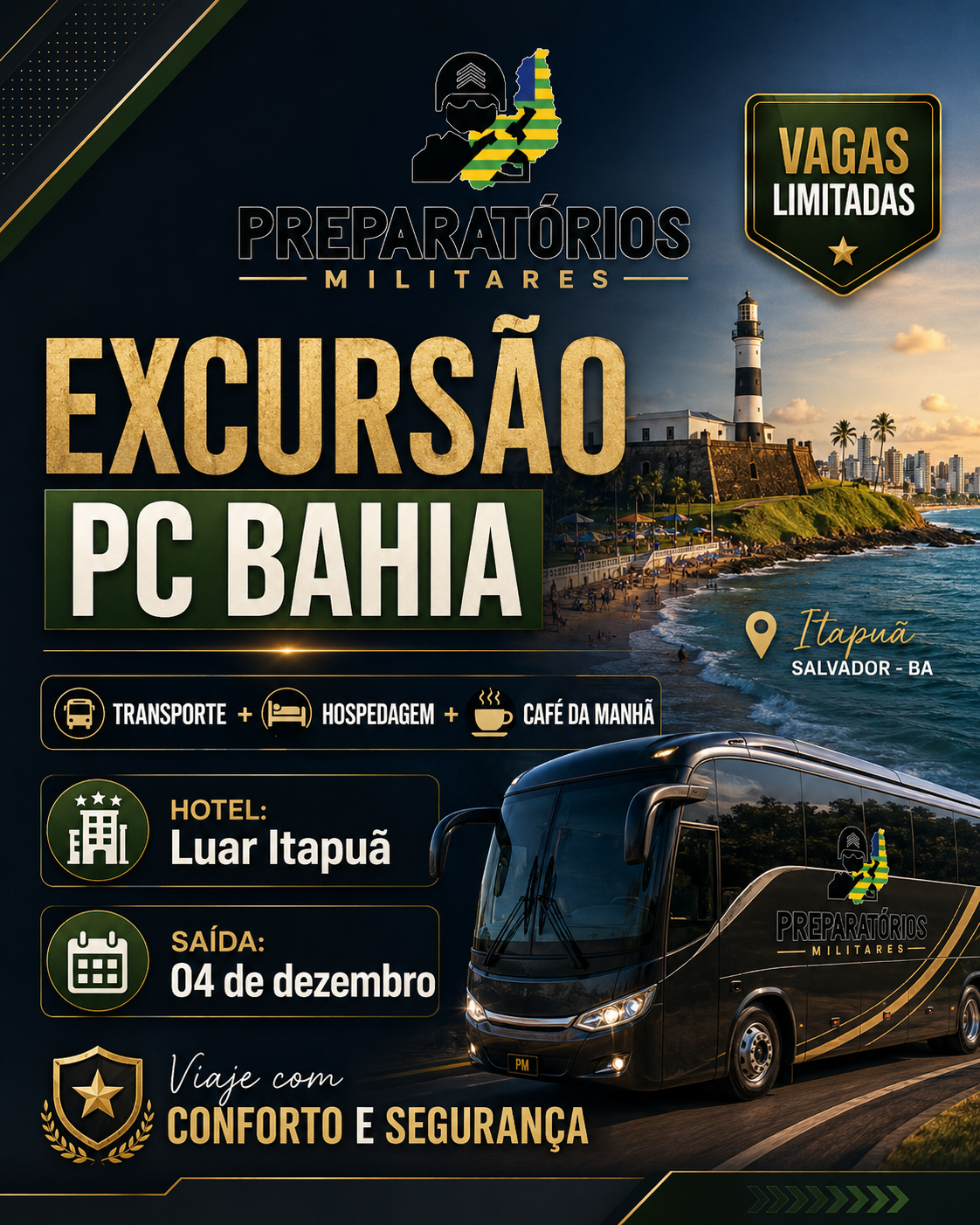 Excursão PC Bahia: transporte, hospedagem e café da manhã em Salvador, saída em 4 de dezembro